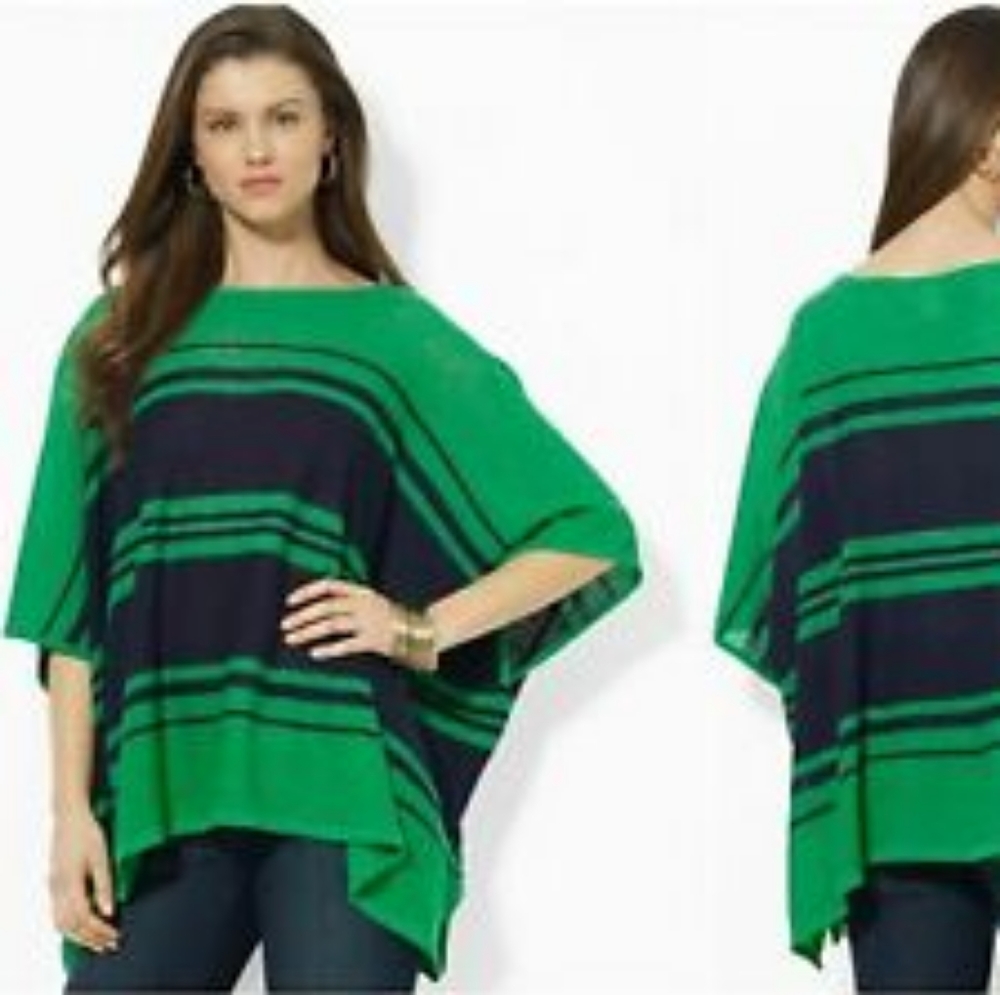 Lauren Ralph Lauren Green Navy Linen Stripe Poncho
